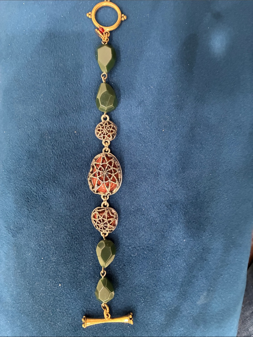 Lucky Brand Olive Green Bead & Gold Filigree Toggle Bracelet